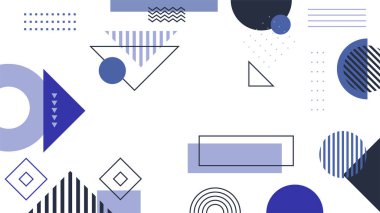 Soyut renkli mor Memphis düz geometrik şekiller arka plan. Çizgiler kare nokta üçgen daire ve dalgalı düz stil ile soyut kompozisyon. Poster, sunum, kart, kapak, afiş için tasarım.