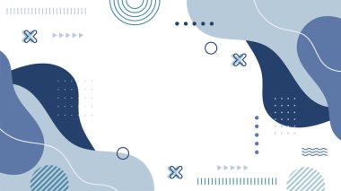 Soyut mavi Memphis düz geometrik şekiller arka plan. Çizgiler kare nokta üçgen daire ve dalgalı düz stil ile soyut kompozisyon. Poster, sunum, kart, kapak, afiş için tasarım.