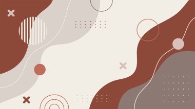 Soyut renkli Memphis düz geometrik şekiller arka plan. Çizgiler kare nokta üçgen daire ve dalgalı düz stil ile soyut kompozisyon. Poster, sunum, kart, kapak, afiş için tasarım.