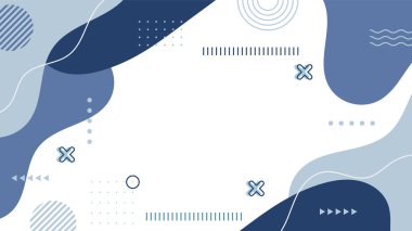 Soyut mavi Memphis düz geometrik şekiller arka plan. Çizgiler kare nokta üçgen daire ve dalgalı düz stil ile soyut kompozisyon. Poster, sunum, kart, kapak, afiş için tasarım.