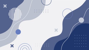 Soyut mavi Memphis düz geometrik şekiller arka plan. Çizgiler kare nokta üçgen daire ve dalgalı düz stil ile soyut kompozisyon. Poster, sunum, kart, kapak, afiş için tasarım.