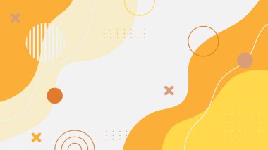 Soyut renkli turuncu Memphis düz geometrik şekiller arka plan. Çizgiler kare nokta üçgen daire ve dalgalı düz stil ile soyut kompozisyon. Poster, sunum, kart, kapak, afiş için tasarım.