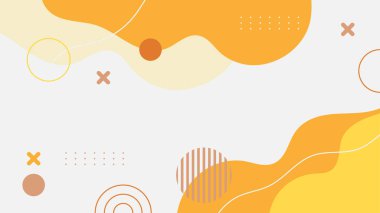 Soyut renkli turuncu Memphis düz geometrik şekiller arka plan. Çizgiler kare nokta üçgen daire ve dalgalı düz stil ile soyut kompozisyon. Poster, sunum, kart, kapak, afiş için tasarım.