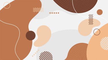 Soyut renkli Memphis düz geometrik şekiller arka plan. Çizgiler kare nokta üçgen daire ve dalgalı düz stil ile soyut kompozisyon. Poster, sunum, kart, kapak, afiş için tasarım.