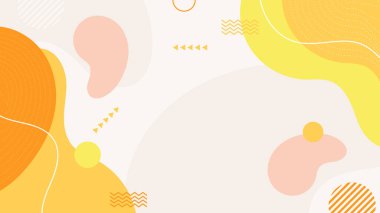 Soyut renkli turuncu Memphis düz geometrik şekiller arka plan. Çizgiler kare nokta üçgen daire ve dalgalı düz stil ile soyut kompozisyon. Poster, sunum, kart, kapak, afiş için tasarım.