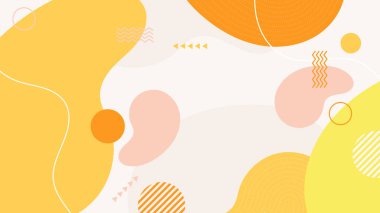 Soyut renkli turuncu Memphis düz geometrik şekiller arka plan. Çizgiler kare nokta üçgen daire ve dalgalı düz stil ile soyut kompozisyon. Poster, sunum, kart, kapak, afiş için tasarım.