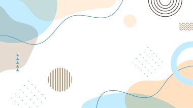 Soyut renkli Memphis düz geometrik şekiller arka plan. Çizgiler kare nokta üçgen daire ve dalgalı düz stil ile soyut kompozisyon. Poster, sunum, kart, kapak, afiş için tasarım.