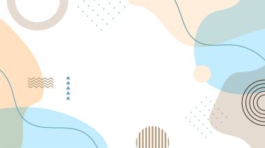 Soyut renkli Memphis düz geometrik şekiller arka plan. Çizgiler kare nokta üçgen daire ve dalgalı düz stil ile soyut kompozisyon. Poster, sunum, kart, kapak, afiş için tasarım.