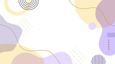 Soyut renkli Memphis düz geometrik şekiller arka plan. Çizgiler kare nokta üçgen daire ve dalgalı düz stil ile soyut kompozisyon. Poster, sunum, kart, kapak, afiş için tasarım.