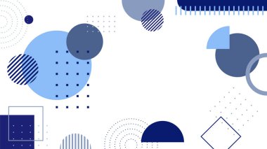 Soyut mavi Memphis düz geometrik şekiller arka plan. Çizgiler kare nokta üçgen daire ve dalgalı düz stil ile soyut kompozisyon. Poster, sunum, kart, kapak, afiş için tasarım.