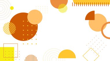 Soyut renkli turuncu Memphis düz geometrik şekiller arka plan. Çizgiler kare nokta üçgen daire ve dalgalı düz stil ile soyut kompozisyon. Poster, sunum, kart, kapak, afiş için tasarım.