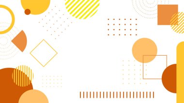 Soyut renkli turuncu Memphis düz geometrik şekiller arka plan. Çizgiler kare nokta üçgen daire ve dalgalı düz stil ile soyut kompozisyon. Poster, sunum, kart, kapak, afiş için tasarım.