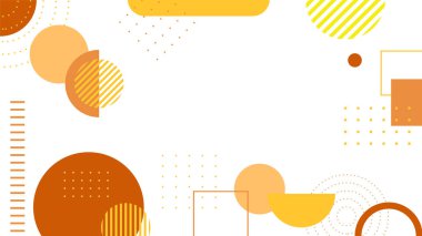 Soyut renkli turuncu Memphis düz geometrik şekiller arka plan. Çizgiler kare nokta üçgen daire ve dalgalı düz stil ile soyut kompozisyon. Poster, sunum, kart, kapak, afiş için tasarım.