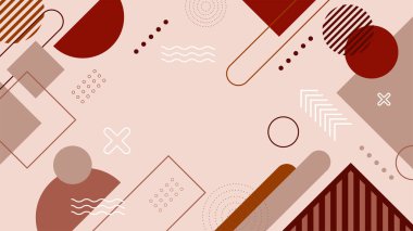 Soyut kahverengi Memphis düz geometrik şekiller arka plan. Çizgiler kare nokta üçgen daire ve dalgalı düz stil ile soyut kompozisyon. Poster, sunum, kart, kapak, afiş için tasarım.