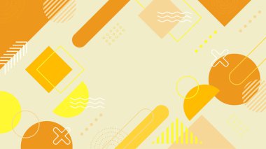 Soyut renkli turuncu Memphis düz geometrik şekiller arka plan. Çizgiler kare nokta üçgen daire ve dalgalı düz stil ile soyut kompozisyon. Poster, sunum, kart, kapak, afiş için tasarım.