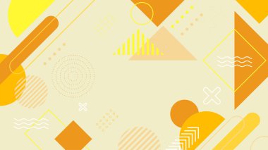 Soyut renkli turuncu Memphis düz geometrik şekiller arka plan. Çizgiler kare nokta üçgen daire ve dalgalı düz stil ile soyut kompozisyon. Poster, sunum, kart, kapak, afiş için tasarım.