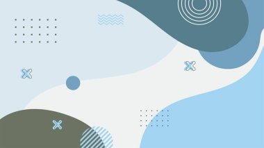 Soyut mavi Memphis düz geometrik şekiller arka plan. Çizgiler kare nokta üçgen daire ve dalgalı düz stil ile soyut kompozisyon. Poster, sunum, kart, kapak, afiş için tasarım.