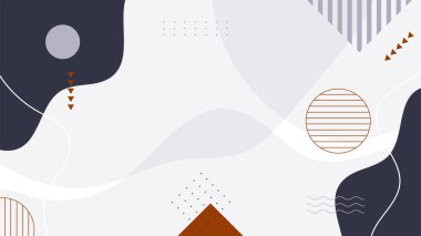 Soyut renkli Memphis düz geometrik şekiller arka plan. Çizgiler kare nokta üçgen daire ve dalgalı düz stil ile soyut kompozisyon. Poster, sunum, kart, kapak, afiş için tasarım.