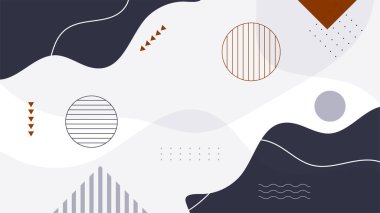 Soyut renkli Memphis düz geometrik şekiller arka plan. Çizgiler kare nokta üçgen daire ve dalgalı düz stil ile soyut kompozisyon. Poster, sunum, kart, kapak, afiş için tasarım.