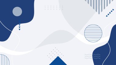 Soyut mavi Memphis düz geometrik şekiller arka plan. Çizgiler kare nokta üçgen daire ve dalgalı düz stil ile soyut kompozisyon. Poster, sunum, kart, kapak, afiş için tasarım.