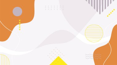 Soyut renkli turuncu Memphis düz geometrik şekiller arka plan. Çizgiler kare nokta üçgen daire ve dalgalı düz stil ile soyut kompozisyon. Poster, sunum, kart, kapak, afiş için tasarım.