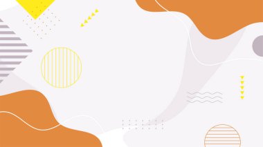 Soyut renkli turuncu Memphis düz geometrik şekiller arka plan. Çizgiler kare nokta üçgen daire ve dalgalı düz stil ile soyut kompozisyon. Poster, sunum, kart, kapak, afiş için tasarım.