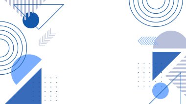 Soyut mavi Memphis düz geometrik şekiller arka plan. Çizgiler kare nokta üçgen daire ve dalgalı düz stil ile soyut kompozisyon. Poster, sunum, kart, kapak, afiş için tasarım.