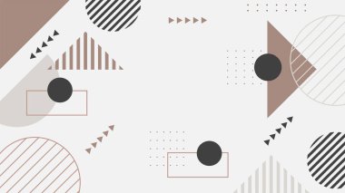 Soyut renkli Memphis düz geometrik şekiller arka plan. Çizgiler kare nokta üçgen daire ve dalgalı düz stil ile soyut kompozisyon. Poster, sunum, kart, kapak, afiş için tasarım.