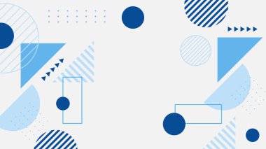 Soyut mavi Memphis düz geometrik şekiller arka plan. Çizgiler kare nokta üçgen daire ve dalgalı düz stil ile soyut kompozisyon. Poster, sunum, kart, kapak, afiş için tasarım.