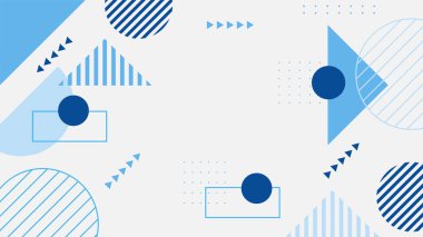 Soyut mavi Memphis düz geometrik şekiller arka plan. Çizgiler kare nokta üçgen daire ve dalgalı düz stil ile soyut kompozisyon. Poster, sunum, kart, kapak, afiş için tasarım.