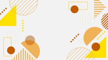 Soyut renkli turuncu Memphis düz geometrik şekiller arka plan. Çizgiler kare nokta üçgen daire ve dalgalı düz stil ile soyut kompozisyon. Poster, sunum, kart, kapak, afiş için tasarım.