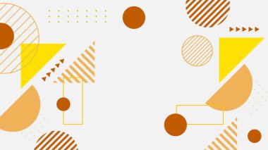 Soyut renkli turuncu Memphis düz geometrik şekiller arka plan. Çizgiler kare nokta üçgen daire ve dalgalı düz stil ile soyut kompozisyon. Poster, sunum, kart, kapak, afiş için tasarım.