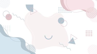 Soyut renkli Memphis düz geometrik şekiller arka plan. Çizgiler kare nokta üçgen daire ve dalgalı düz stil ile soyut kompozisyon. Poster, sunum, kart, kapak, afiş için tasarım.