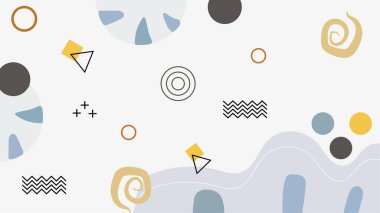 Soyut renkli Memphis düz geometrik şekiller arka plan. Çizgiler kare nokta üçgen daire ve dalgalı düz stil ile soyut kompozisyon. Poster, sunum, kart, kapak, afiş için tasarım.