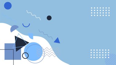 Soyut mavi Memphis düz geometrik şekiller arka plan. Çizgiler kare nokta üçgen daire ve dalgalı düz stil ile soyut kompozisyon. Poster, sunum, kart, kapak, afiş için tasarım.