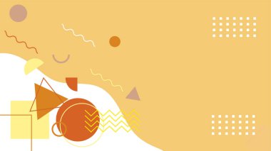 Soyut renkli Memphis düz geometrik şekiller arka plan. Çizgiler kare nokta üçgen daire ve dalgalı düz stil ile soyut kompozisyon. Poster, sunum, kart, kapak, afiş için tasarım.