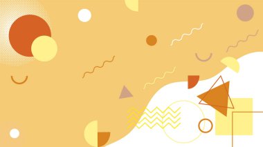 Soyut renkli Memphis düz geometrik şekiller arka plan. Çizgiler kare nokta üçgen daire ve dalgalı düz stil ile soyut kompozisyon. Poster, sunum, kart, kapak, afiş için tasarım.