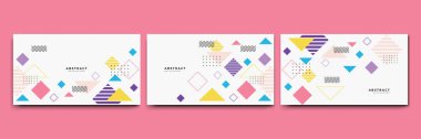 Soyut renkli Memphis düz geometrik şekiller arka plan. Çizgiler kare nokta üçgen daire ve dalgalı düz stil ile soyut kompozisyon. Poster, sunum, kart, kapak, afiş için tasarım.