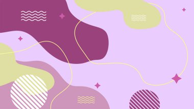 Soyut renkli Memphis düz geometrik şekiller arka plan. Çizgiler kare nokta üçgen daire ve dalgalı düz stil ile soyut kompozisyon. Poster, sunum, kart, kapak, afiş için tasarım.