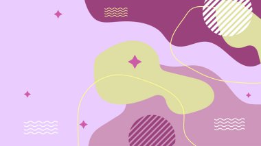 Soyut renkli Memphis düz geometrik şekiller arka plan. Çizgiler kare nokta üçgen daire ve dalgalı düz stil ile soyut kompozisyon. Poster, sunum, kart, kapak, afiş için tasarım.