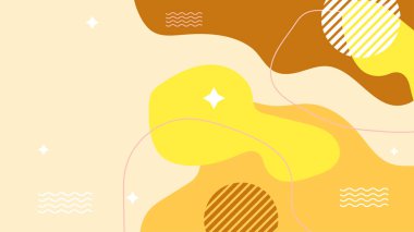 Soyut renkli turuncu Memphis düz geometrik şekiller arka plan. Çizgiler kare nokta üçgen daire ve dalgalı düz stil ile soyut kompozisyon. Poster, sunum, kart, kapak, afiş için tasarım.