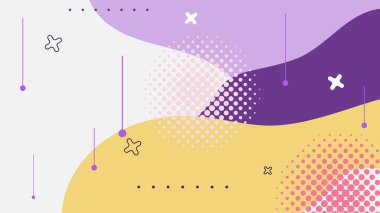 Soyut renkli Memphis düz geometrik şekiller arka plan. Çizgiler kare nokta üçgen daire ve dalgalı düz stil ile soyut kompozisyon. Poster, sunum, kart, kapak, afiş için tasarım.