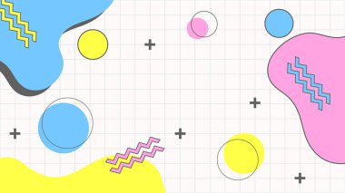 Soyut renkli Memphis düz geometrik şekiller arka plan. Çizgiler kare nokta üçgen daire ve dalgalı düz stil ile soyut kompozisyon. Poster, sunum, kart, kapak, afiş için tasarım.