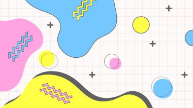 Soyut renkli Memphis düz geometrik şekiller arka plan. Çizgiler kare nokta üçgen daire ve dalgalı düz stil ile soyut kompozisyon. Poster, sunum, kart, kapak, afiş için tasarım.