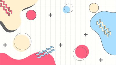 Soyut renkli Memphis düz geometrik şekiller arka plan. Çizgiler kare nokta üçgen daire ve dalgalı düz stil ile soyut kompozisyon. Poster, sunum, kart, kapak, afiş için tasarım.