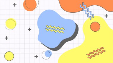 Soyut renkli Memphis düz geometrik şekiller arka plan. Çizgiler kare nokta üçgen daire ve dalgalı düz stil ile soyut kompozisyon. Poster, sunum, kart, kapak, afiş için tasarım.