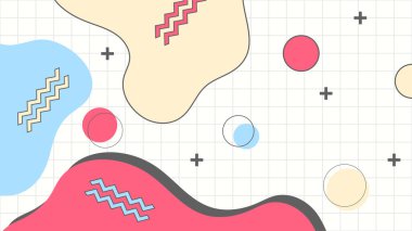 Soyut renkli Memphis düz geometrik şekiller arka plan. Çizgiler kare nokta üçgen daire ve dalgalı düz stil ile soyut kompozisyon. Poster, sunum, kart, kapak, afiş için tasarım.