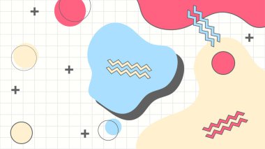 Soyut renkli Memphis düz geometrik şekiller arka plan. Çizgiler kare nokta üçgen daire ve dalgalı düz stil ile soyut kompozisyon. Poster, sunum, kart, kapak, afiş için tasarım.