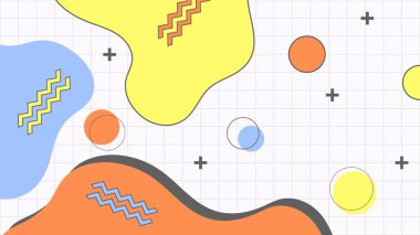 Soyut renkli Memphis düz geometrik şekiller arka plan. Çizgiler kare nokta üçgen daire ve dalgalı düz stil ile soyut kompozisyon. Poster, sunum, kart, kapak, afiş için tasarım.