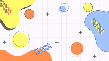 Soyut renkli Memphis düz geometrik şekiller arka plan. Çizgiler kare nokta üçgen daire ve dalgalı düz stil ile soyut kompozisyon. Poster, sunum, kart, kapak, afiş için tasarım.